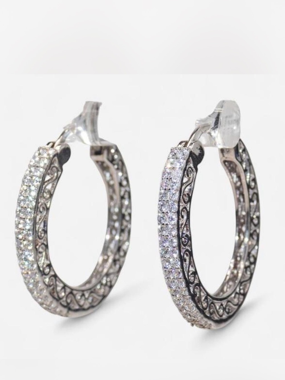 Macy's Sterling Silver Pave Hoop Earrings with Filigree Accents